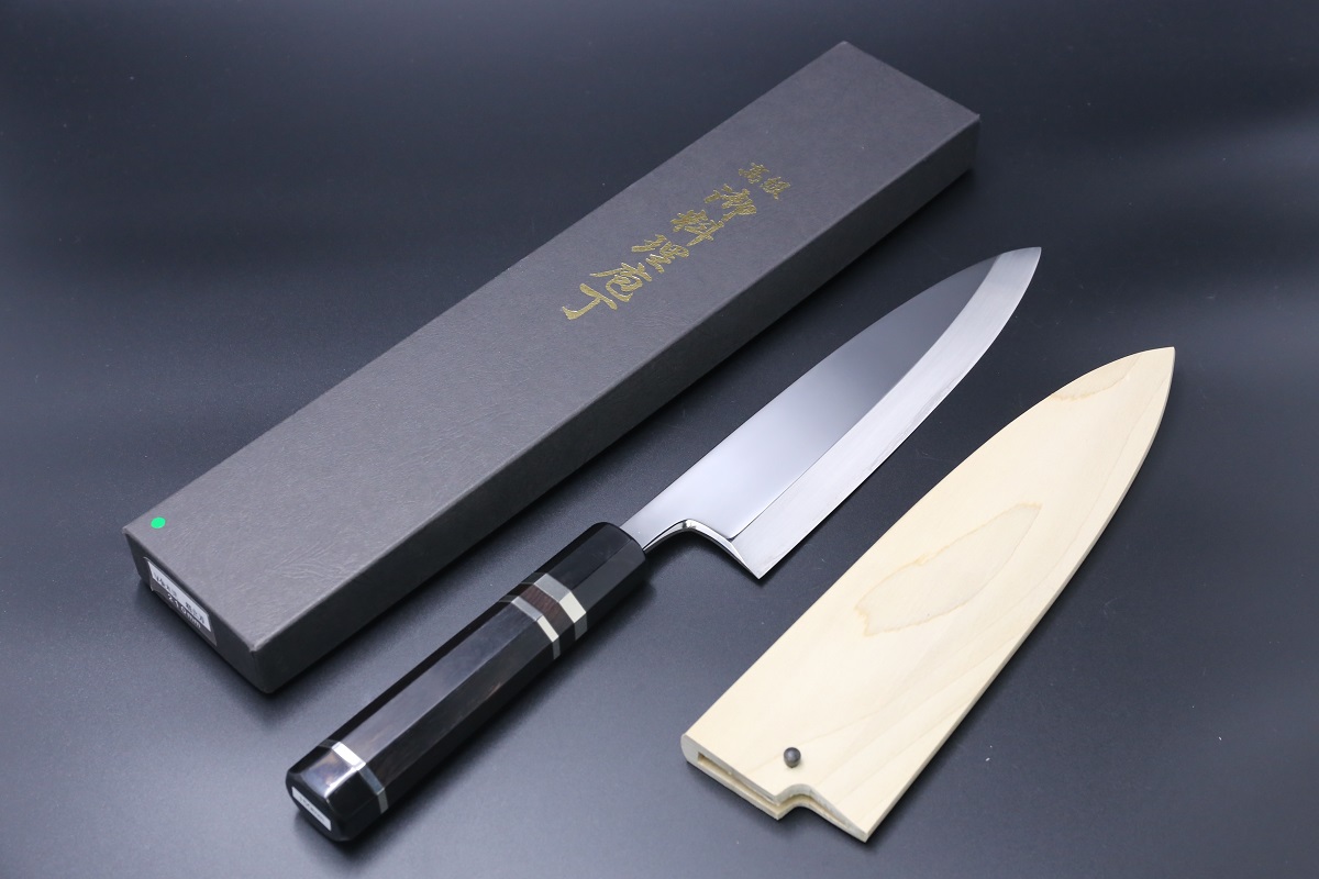 相出刃 V金10号 210mm 全鋼本焼 平鏡面 黒檀柄 鞘付き-歌舞伎ナイフ