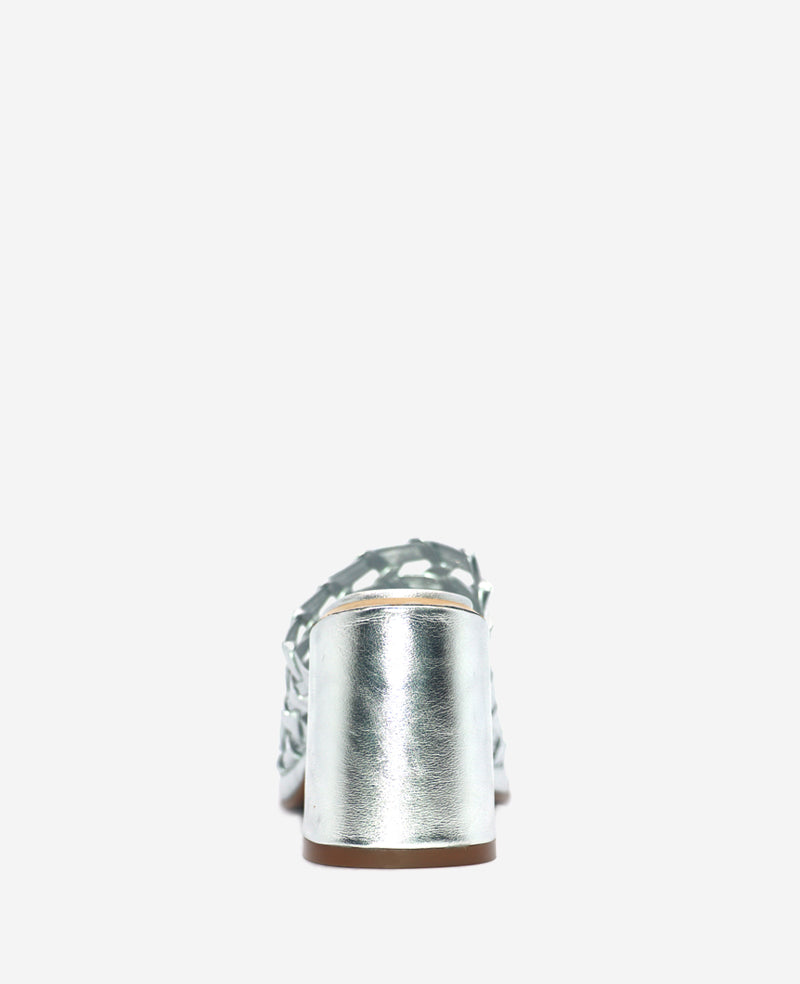 Shop Solara Metallic Woven Leather Heel Sandal, Silver | KC