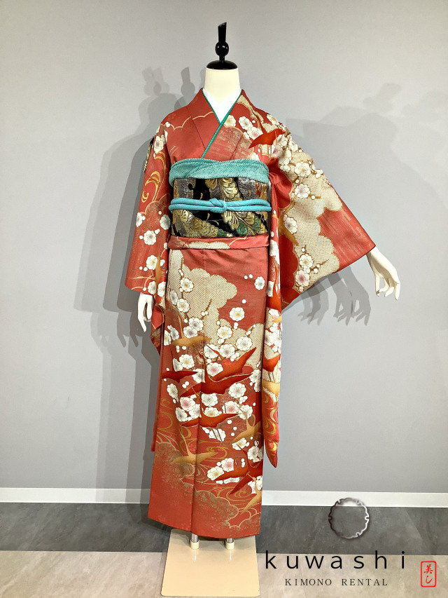 正絹振袖レンタル】 80027 朱赤地光琳鶴に梅正絹振袖袋帯セット