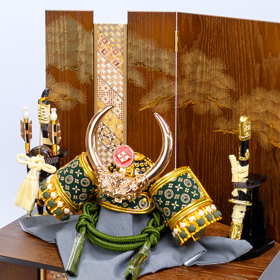 甲州印伝緑富士山柄 8号深川緑武田信玄兜 オーク寄せ木収納飾りセット