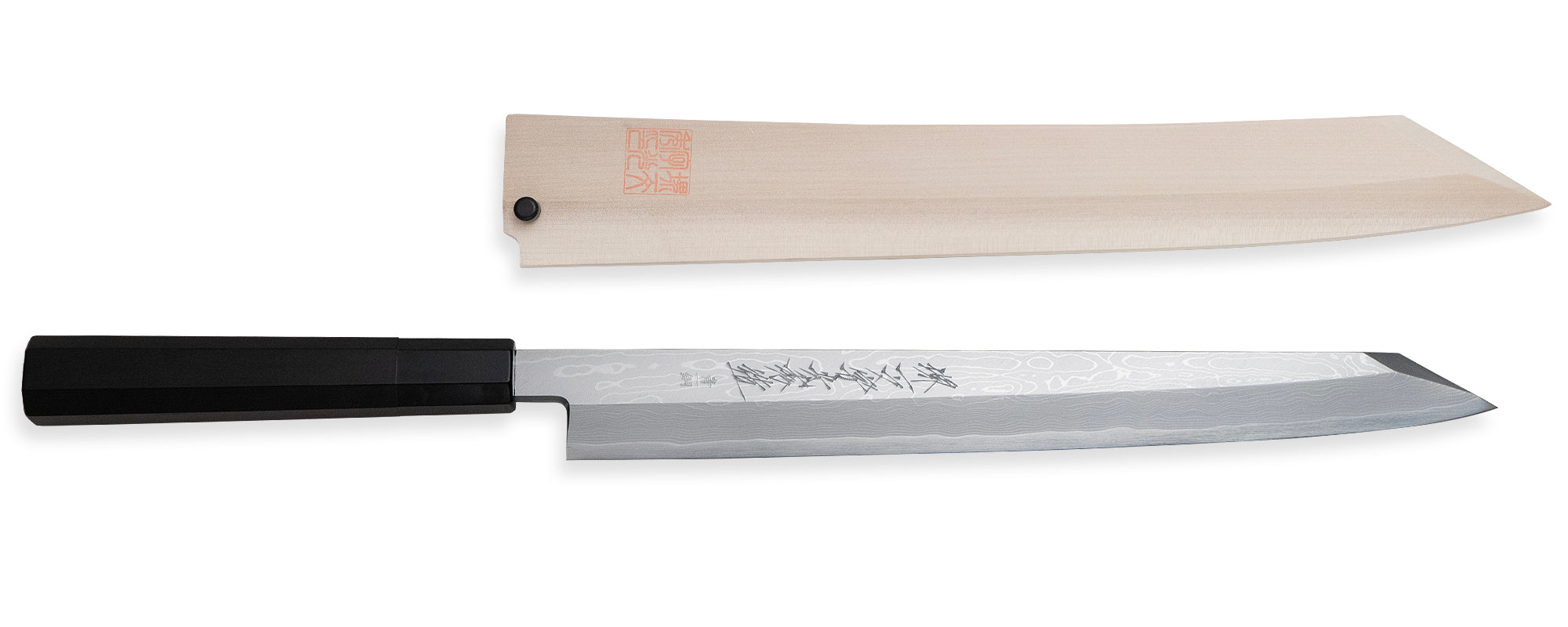 堺一文字光秀 青一鋼 炎紋鍛錬 墨流し 切付柳刃包丁 黒檀柄 白鞘付き