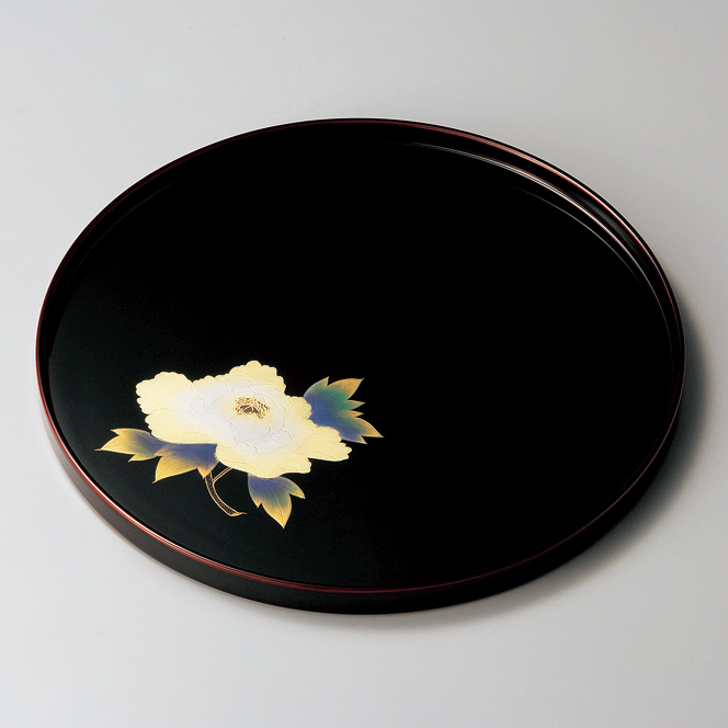 丸盆 10.0 牡丹沈金 溜 木製 漆塗り 12-10104 漆器の井助