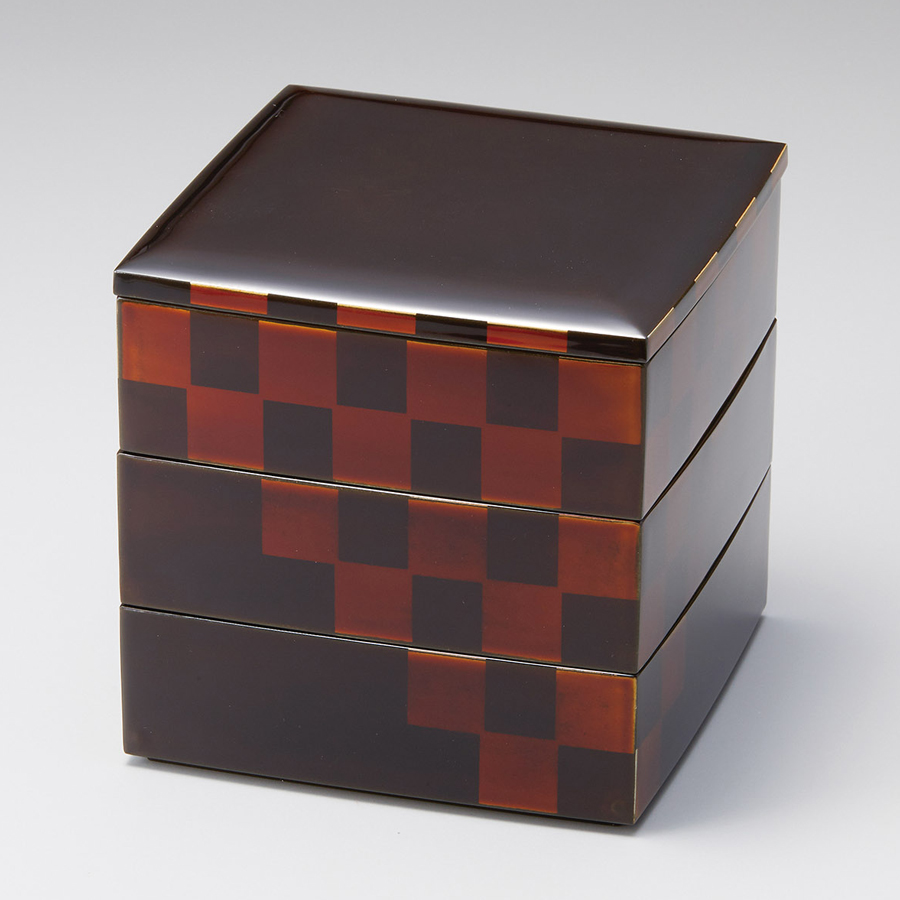 三段重 5.0 透かし市松 溜内黒 漆塗り (製造中止) 漆器の井助