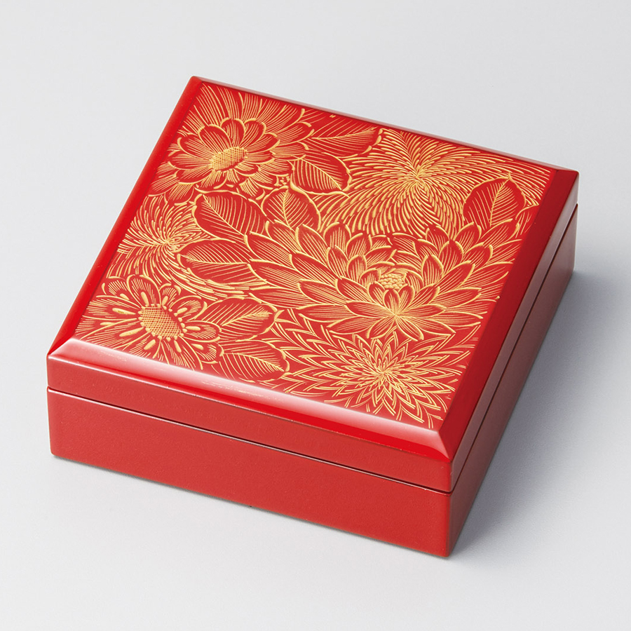 小箱 沈金菊彫 朱 木製 漆塗り 12-12405 漆器の井助