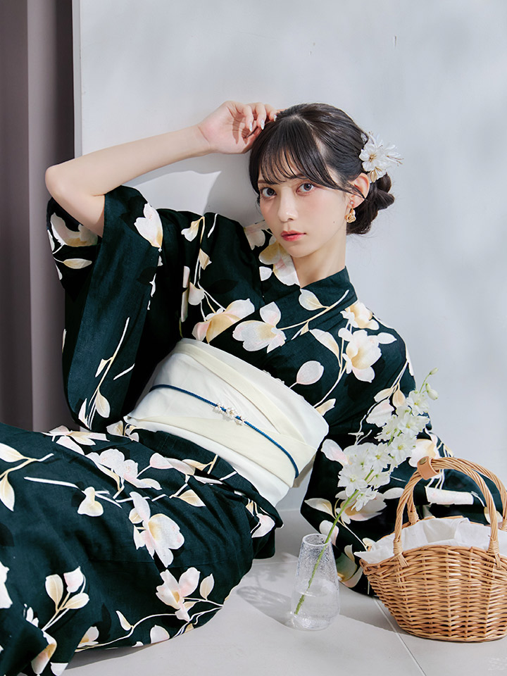 即日発送】花薫る深緑浴衣 【浴衣3点セット 浴衣/帯/下駄】[OF04