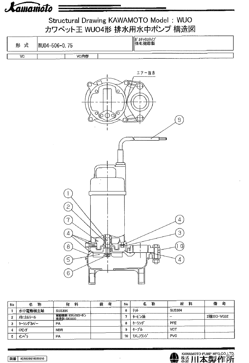 WU04-506-0.75 汚物混入水用水中ポンプ WUO4型 川本ポンプ(川本製作所