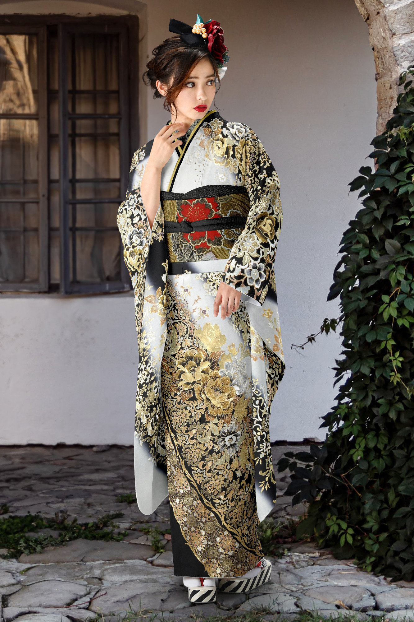 白×金黒のラグジュアリー振袖｜金彩加工が重厚感のある桂由美