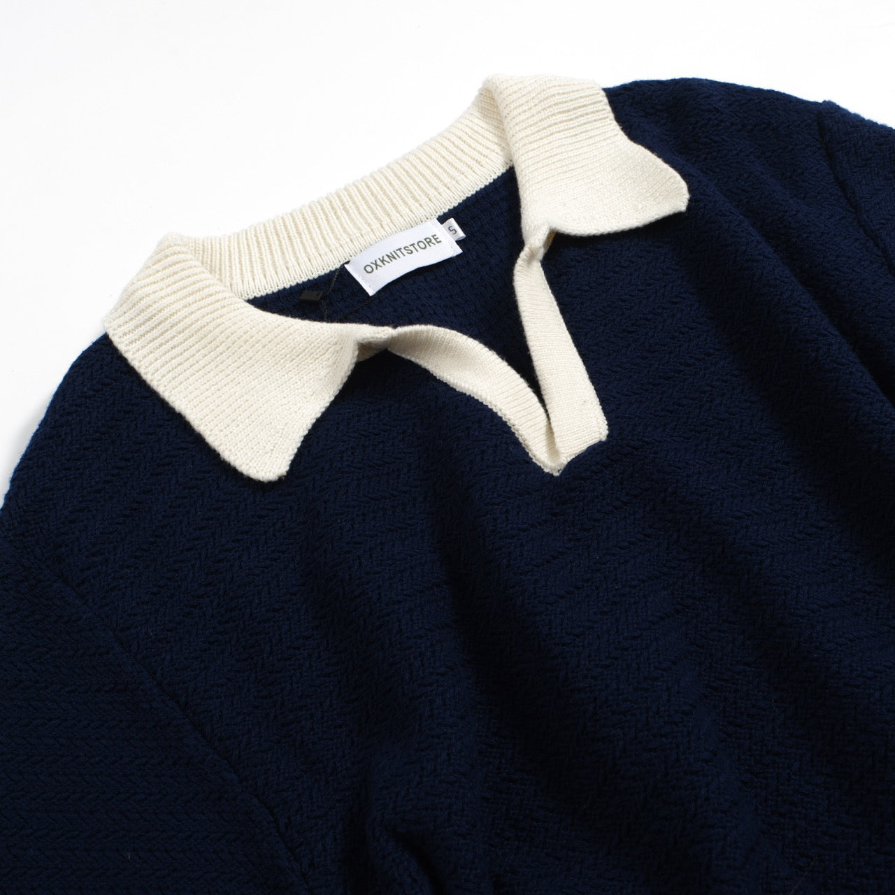 Men's 60s Navy Open Collar Polo – Mod Knit Shirt with Cream Trim
