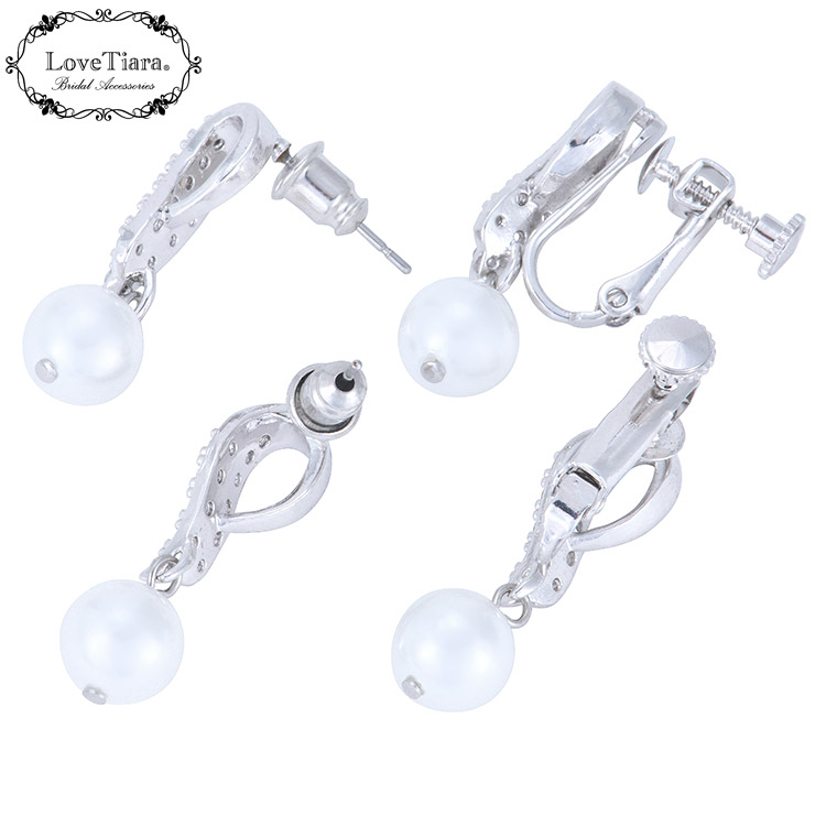 フラワーリボンジルコニアネックレス＆イヤリング/ピアスセット パール