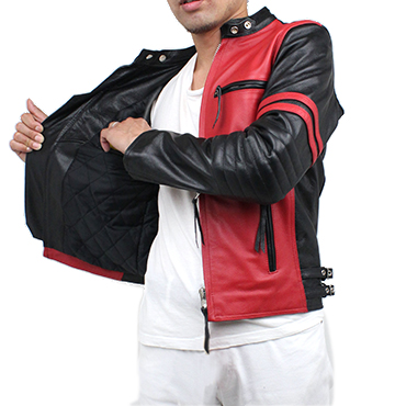 特価品】革ジャンスタンド襟シングルライダース2色使い（水牛革）赤