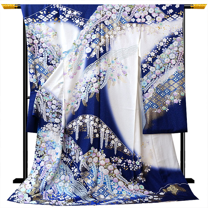 関芳謹製 絞り染め辻が花振袖【咲き誇る花々 青】 [241124-huri-6