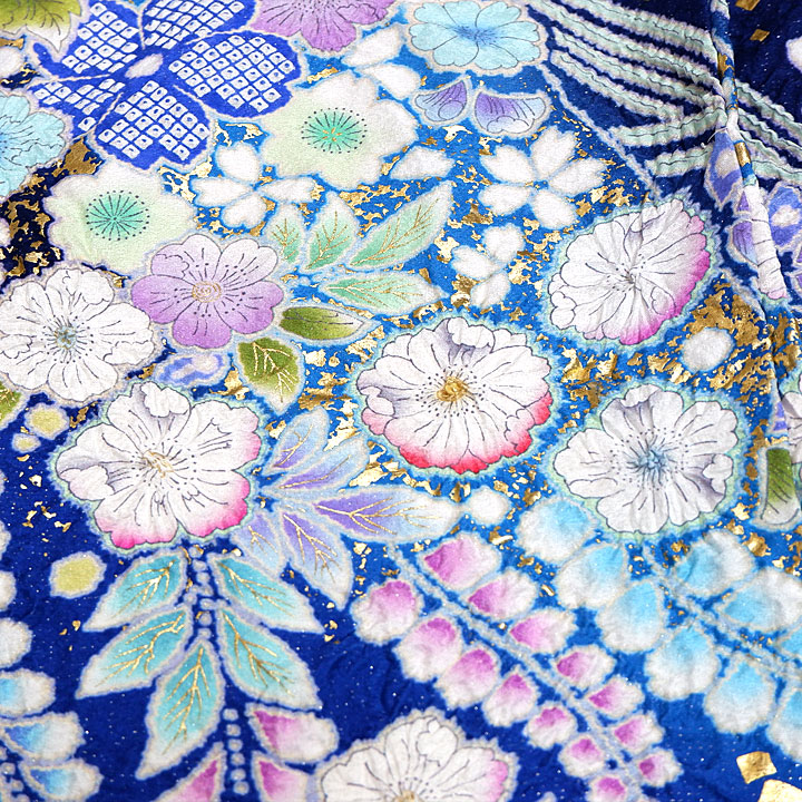 関芳謹製 絞り染め辻が花振袖【咲き誇る花々 青】 [241124-huri-6