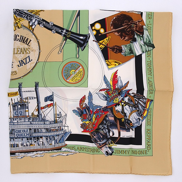 HERMES エルメス カレ90 シルクスカーフ ニューオリンズ 中古(ベージュ