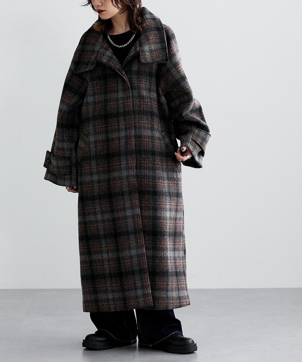 チェック柄スタンドカラーゆったりサイズコート ［Soiunique］ 通販