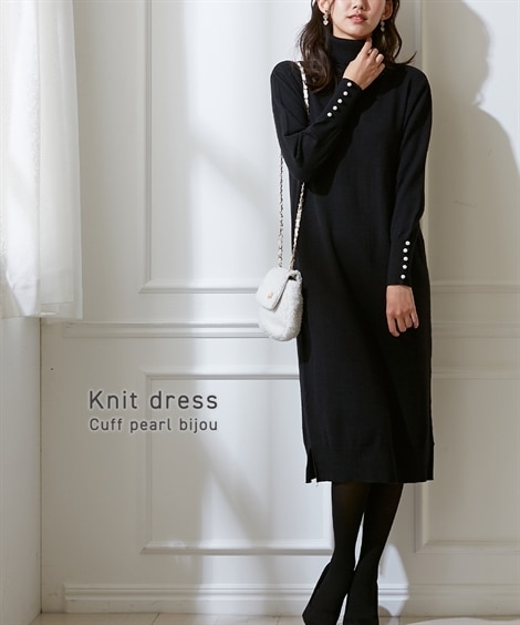 袖口パールビジュータートルネックニットワンピース 通販【ニッセン】