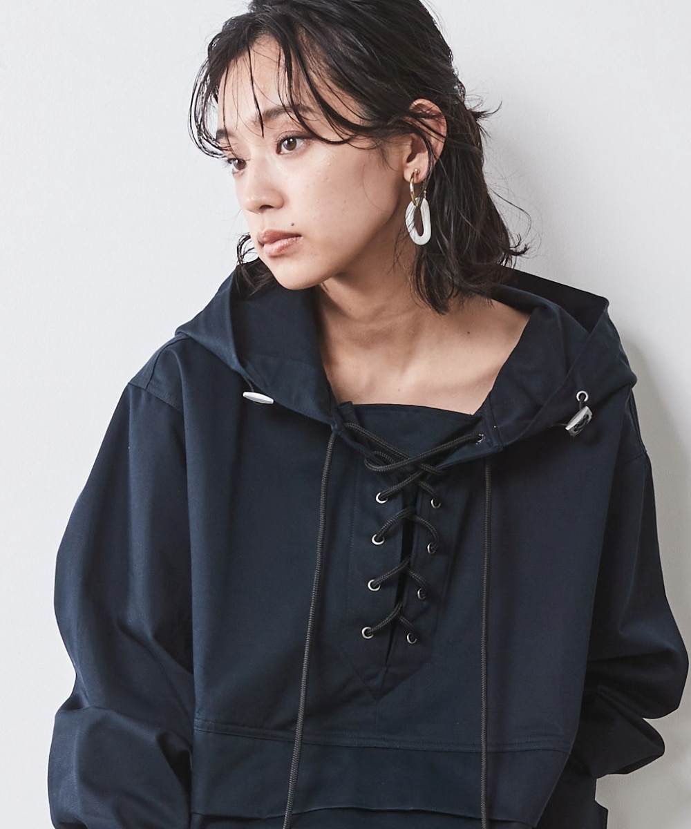 綿100％レースアップアノラックパーカー＜大きいサイズ有＞シック