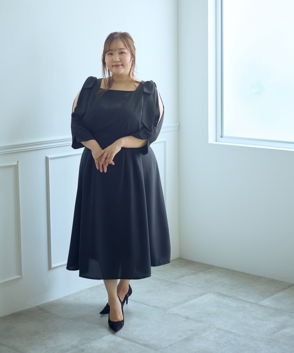 大きいサイズ＞【らめちゃんコラボ】ウエストタック肩リボンワンピース