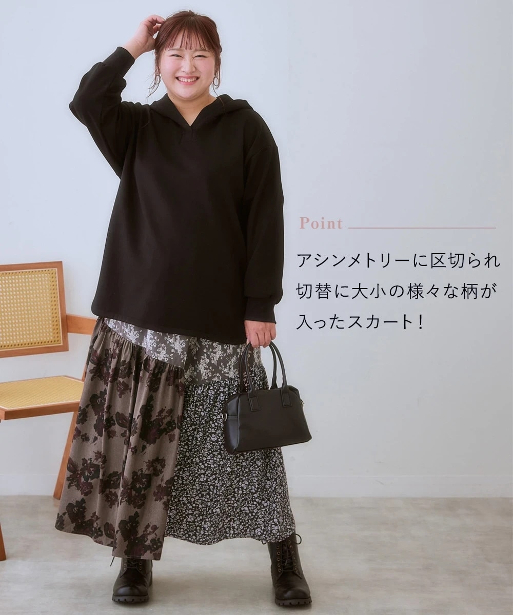 大きいサイズ＞ 斜め切替シュッと見えプリントスカート（ゆったり