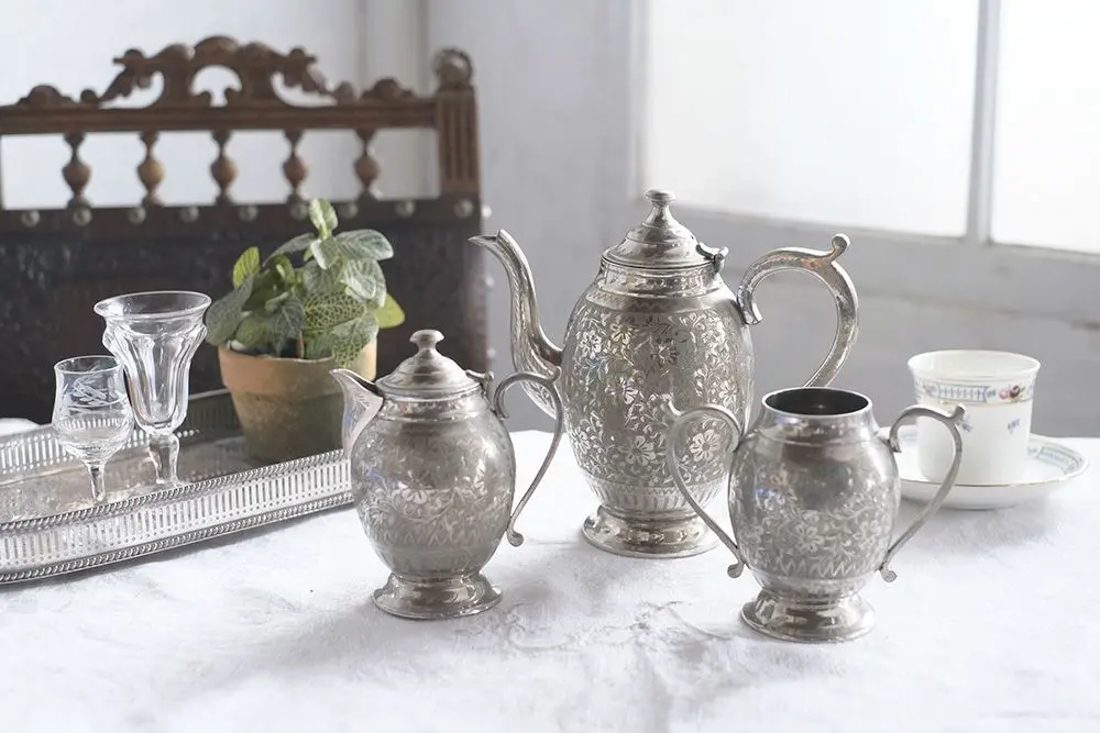 アンティーククロムプレートティーセット/Flower イギリス エングレー