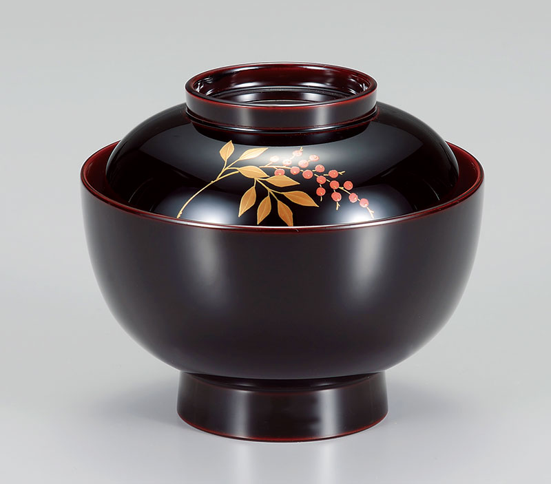 お椀雑煮椀-【手描き蒔絵・磨き蒔絵】越前塗 南天 溜塗（ためぬり