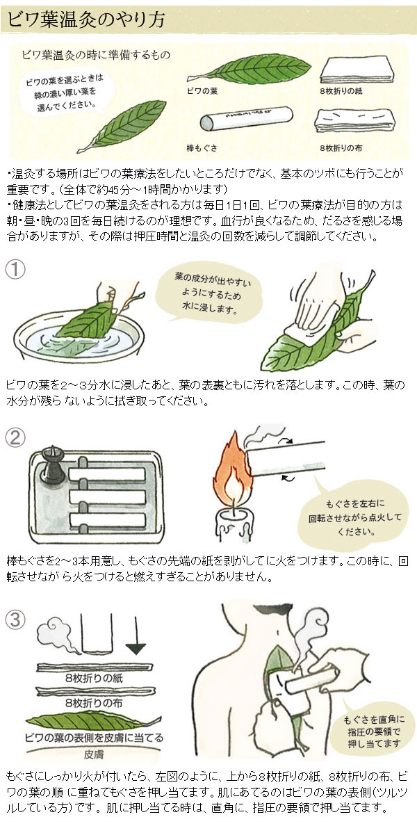 ビワ葉温灸療法はじめてセット（細棒もぐさ温灸セットとビワの葉自然