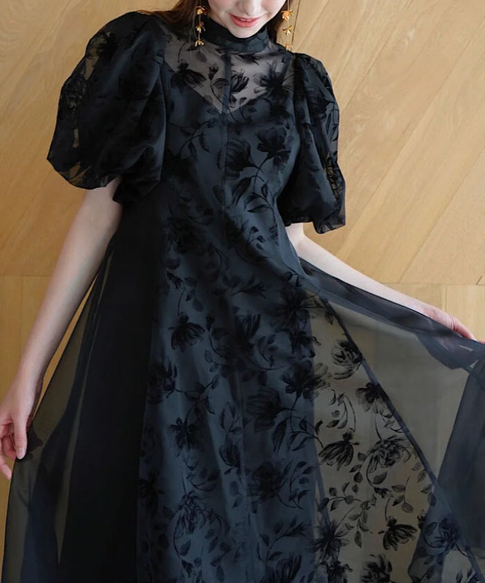 1サイズ】puffy sheer flower dress (black) Acka.（エーシーケーエー