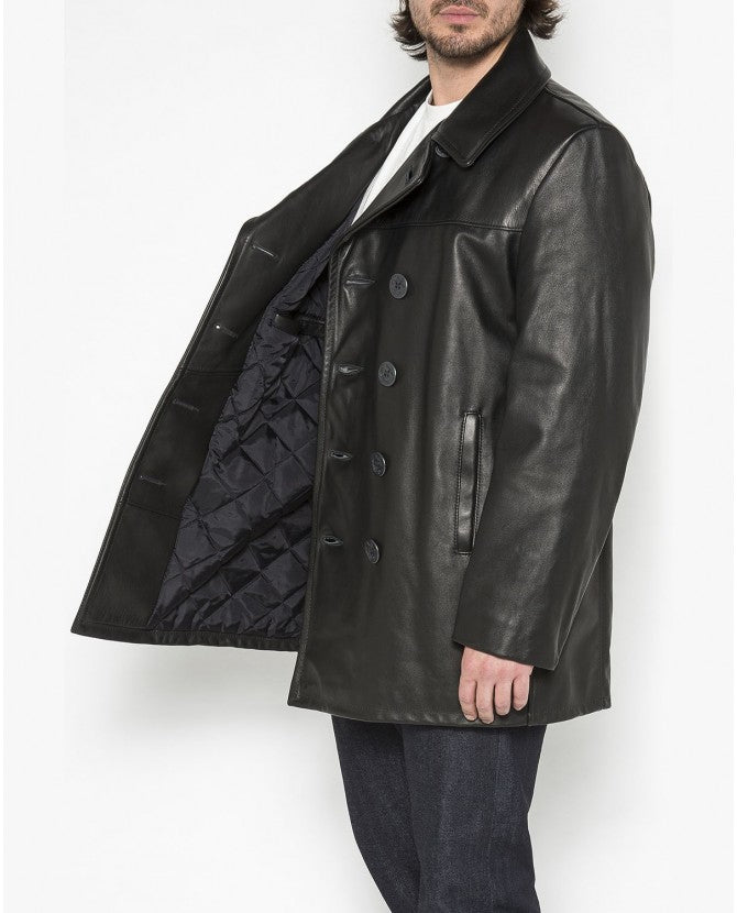 SCHOTT 140 BLACK LEATHER PEACOAT | Silvermans