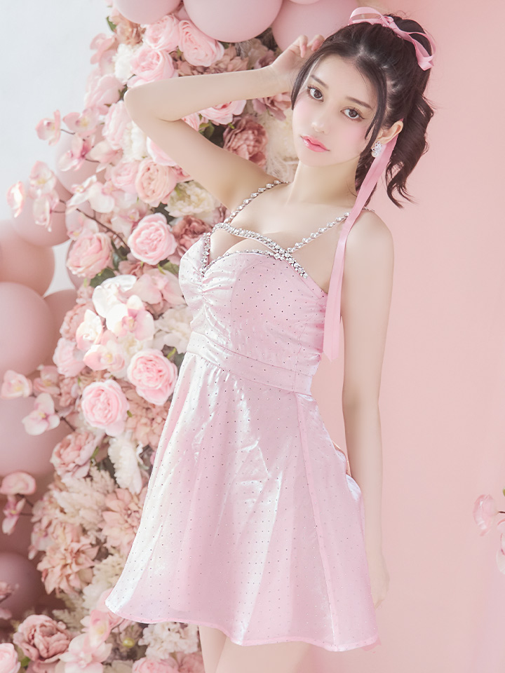 XSサイズあり【ROBE de FLEURS/ローブドフルール】ストーン/ サテン