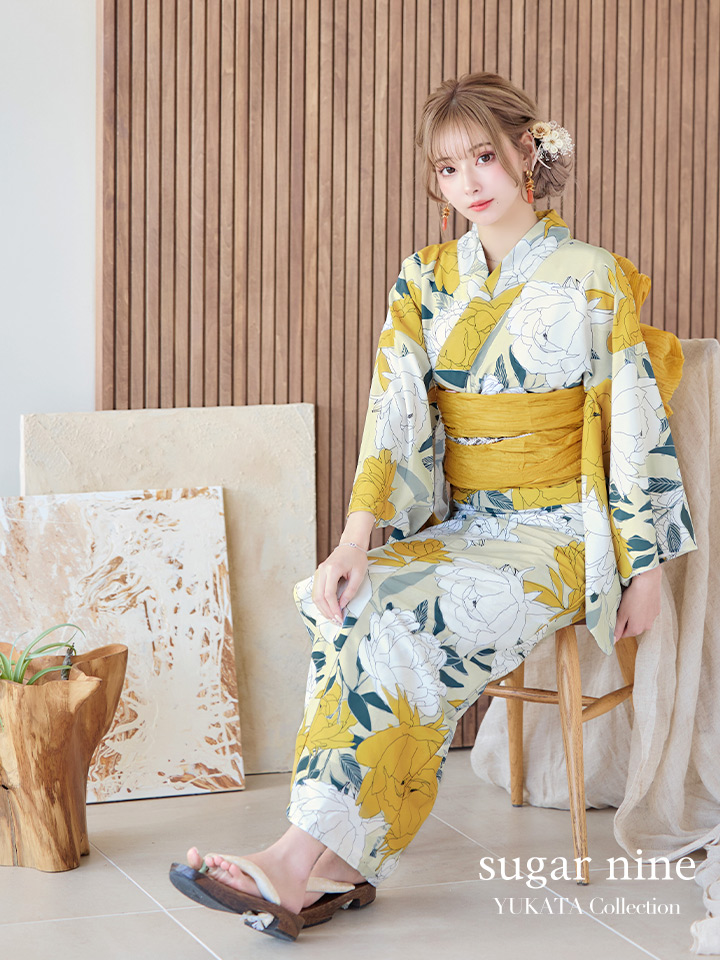 即日発送】レトロモダン牡丹浴衣【浴衣3点セット 浴衣/帯/下駄】[OF04