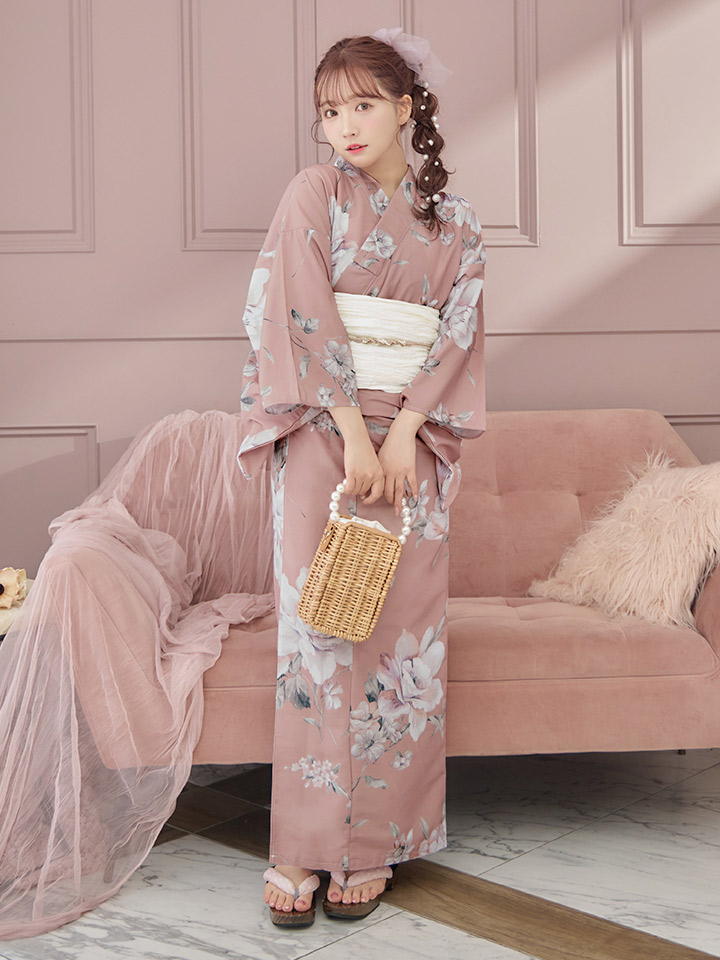 即日発送】大人スウィート/くすみピンク椿浴衣【浴衣3点セット 浴衣