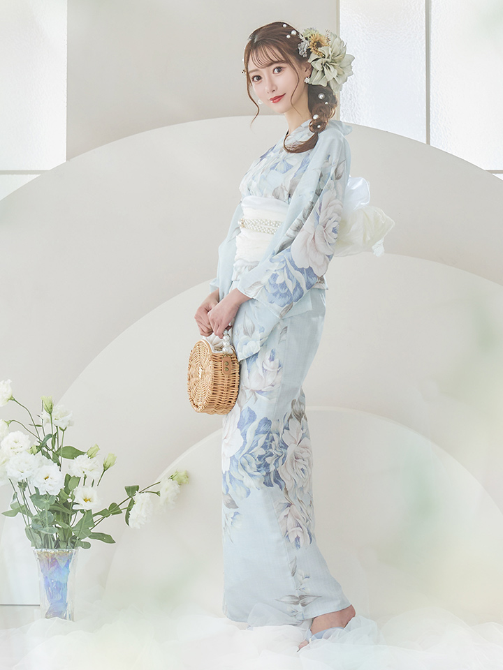 即日発送】クラシカルローズブルー浴衣【浴衣3点セット 浴衣/帯/下駄