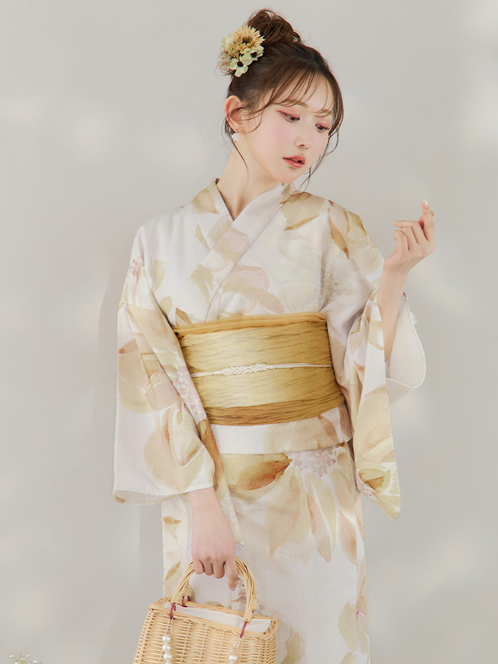 即日発送！】水彩イエローフラワー浴衣【浴衣3点セット 浴衣/帯/下駄