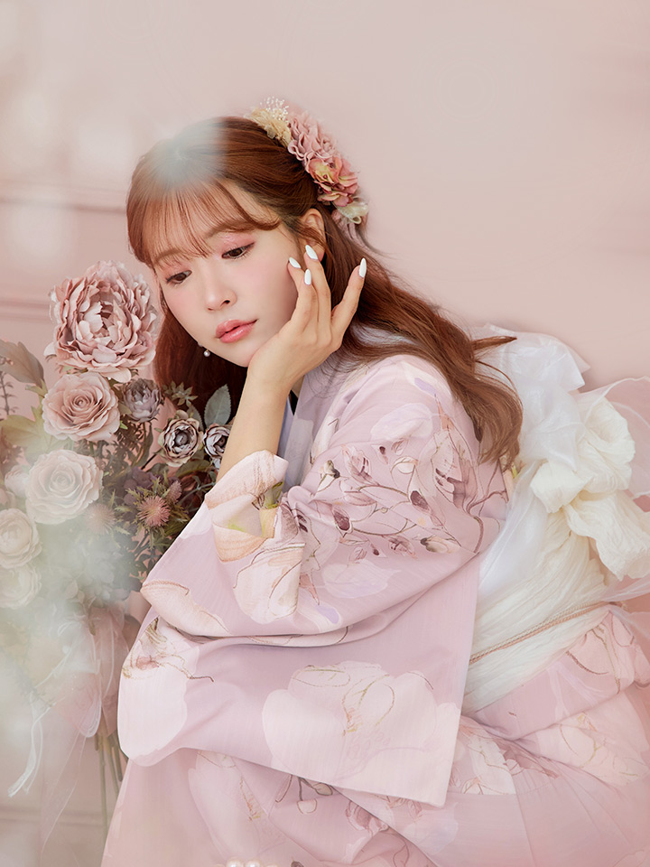 即日発送】大人くすみピンクx牡丹浴衣【浴衣3点セット 浴衣/帯/下駄