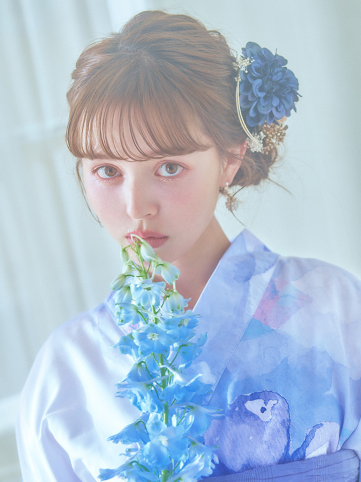 即日発送】水彩フラワーブルー浴衣【浴衣3点セット 浴衣/帯/下駄