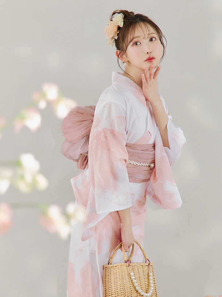 即日発送】ニュアンスピンクフラワー浴衣【浴衣3点セット 浴衣/帯