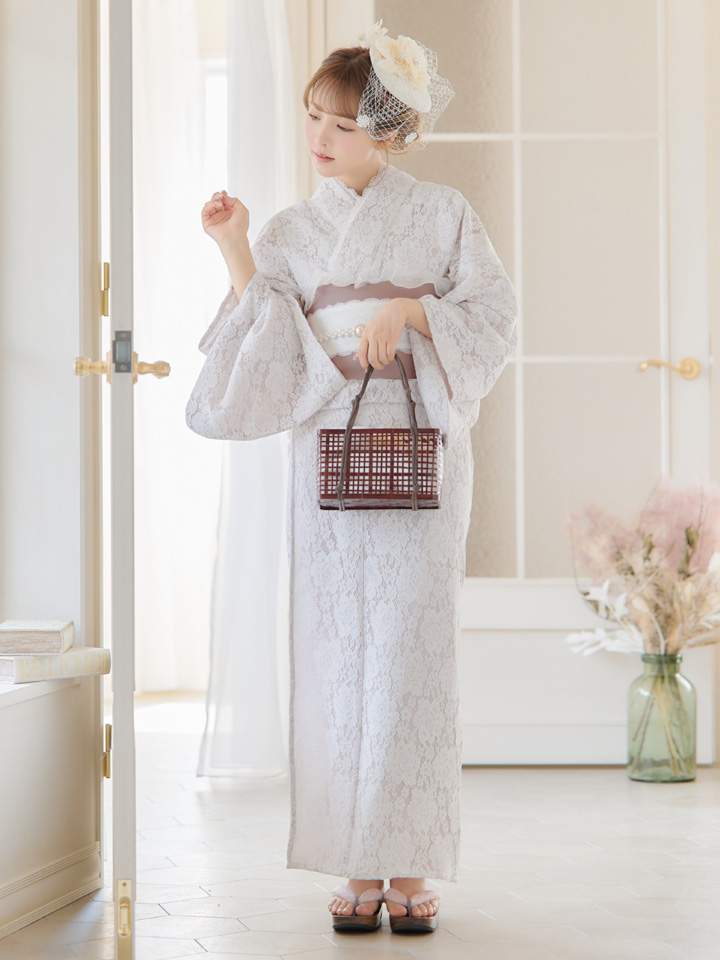 即日発送】【浴衣】ピンク地×白レース浴衣 【浴衣3点セット 浴衣/帯