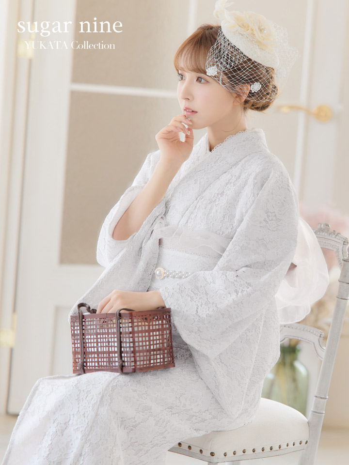 即日発送】【浴衣セール】白レース浴衣 【浴衣3点セット 浴衣/帯/下駄