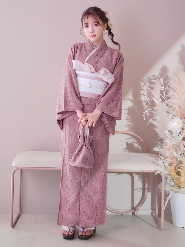即日発送】ダスティピンクのレース浴衣【浴衣3点セット 浴衣/帯/下駄