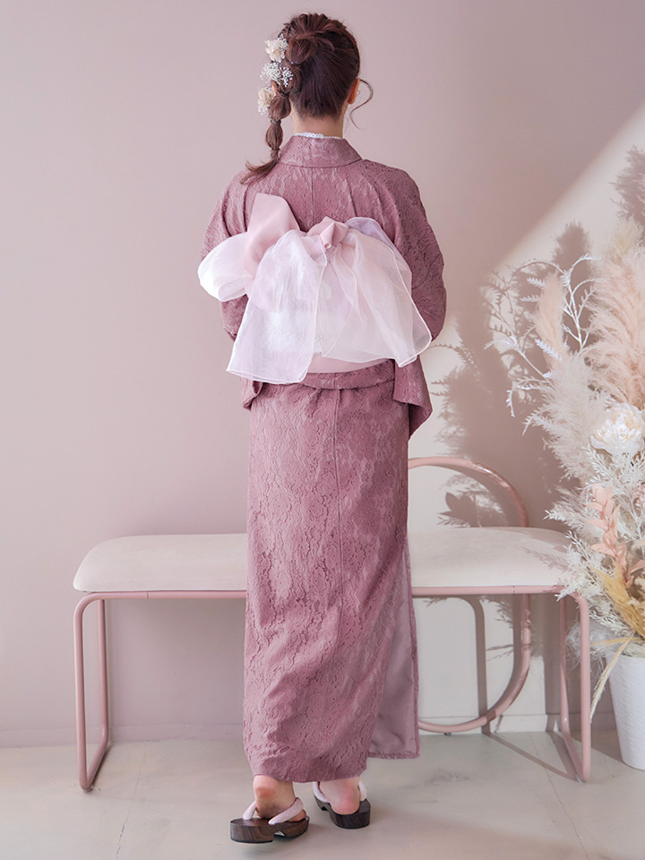即日発送】ダスティピンクのレース浴衣【浴衣3点セット 浴衣/帯/下駄