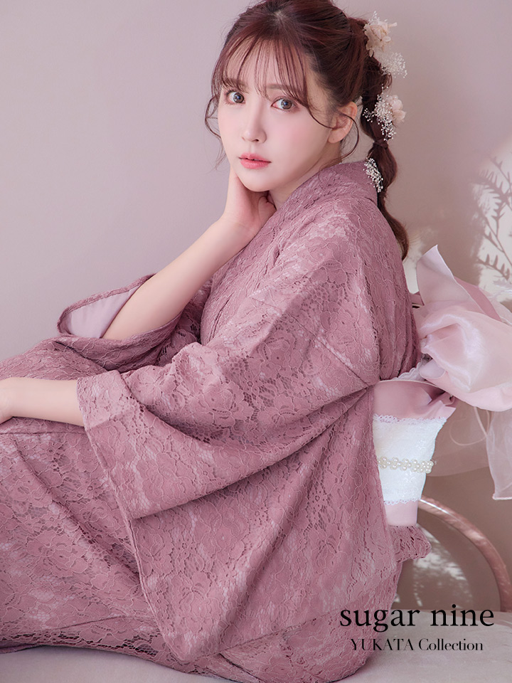 即日発送】ダスティピンクのレース浴衣【浴衣3点セット 浴衣/帯/下駄