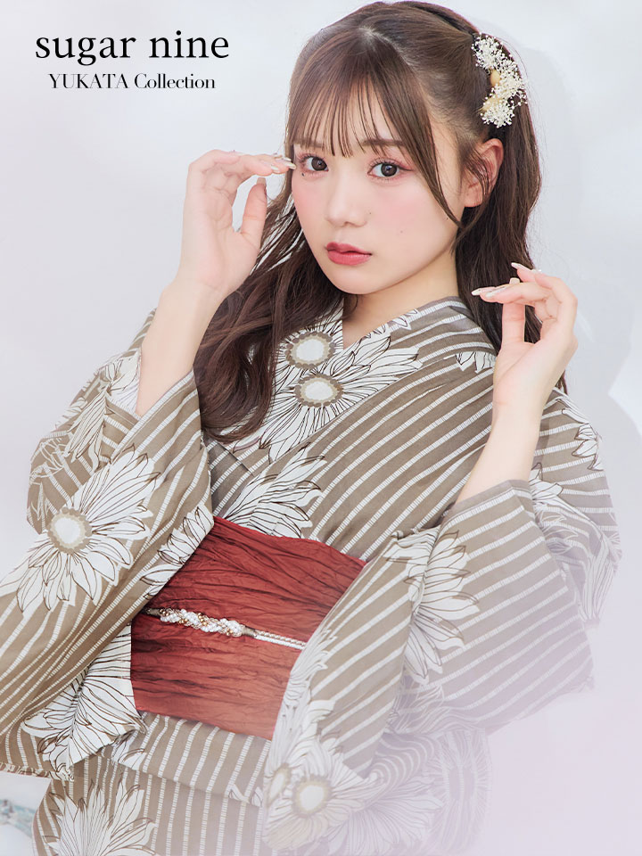 即日発送】ブラウンストライプにガーベラ花浴衣 【浴衣3点セット 浴衣