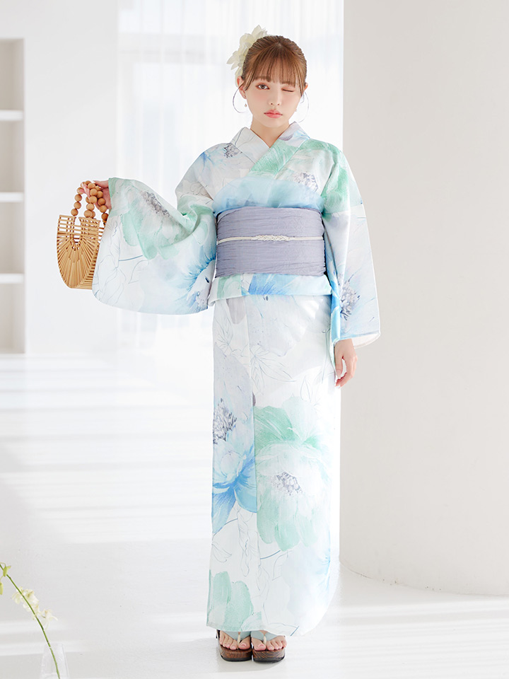 即日発送】【浴衣セール！】大柄アイシーミントフラワー浴衣【浴衣3点