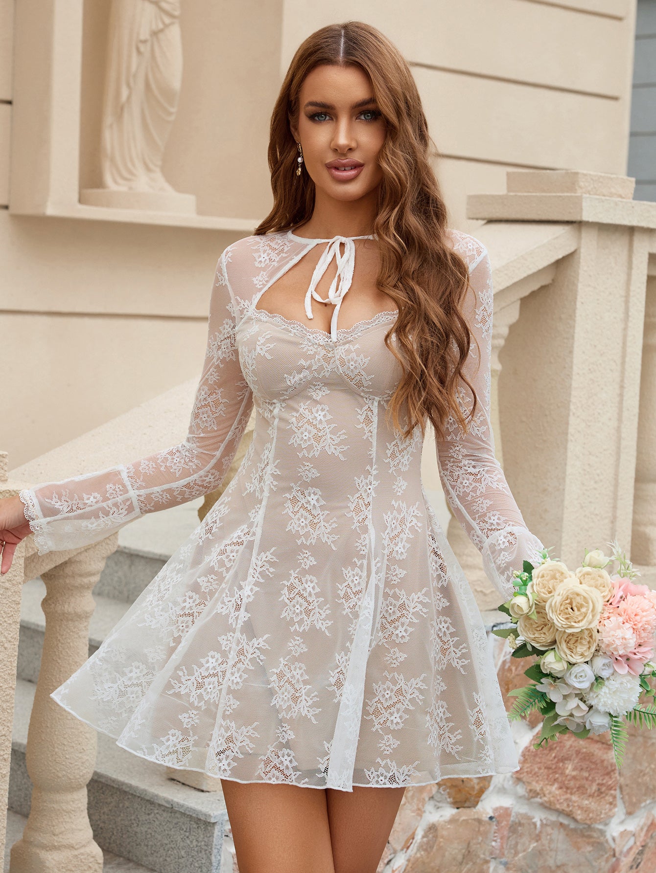 Flounce Sleeve Tie Front Lace Mini Dress – Parthea Fashion