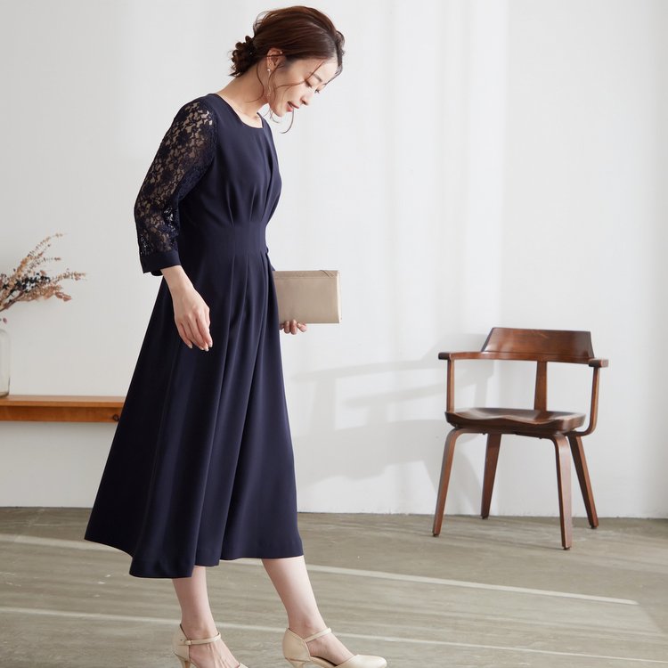 Made in JAPAN タックフレア美ラインワンピース（ネイビー