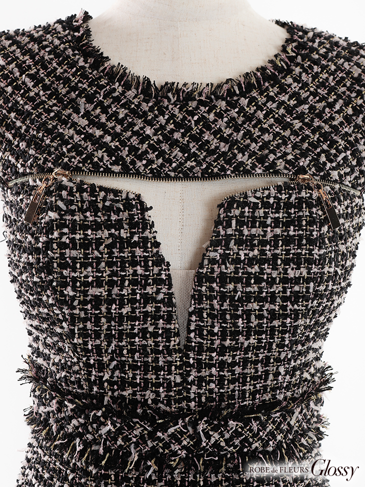 XS～Lサイズあり】ツイードxフロントジッパータイトミニキャバドレス