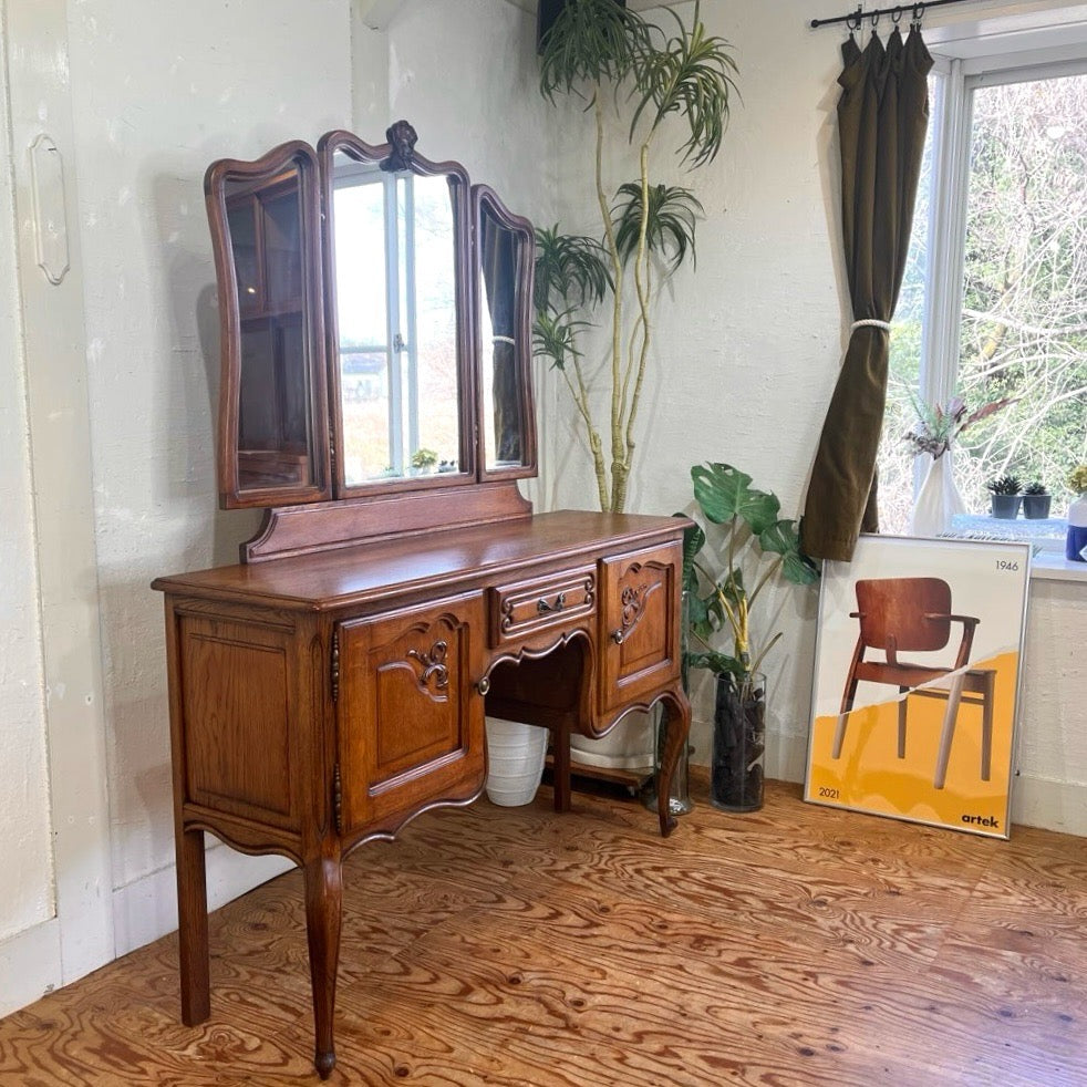 フランスアンティーク ドレッサー 3面鏡 ミラー キャビネット デスク