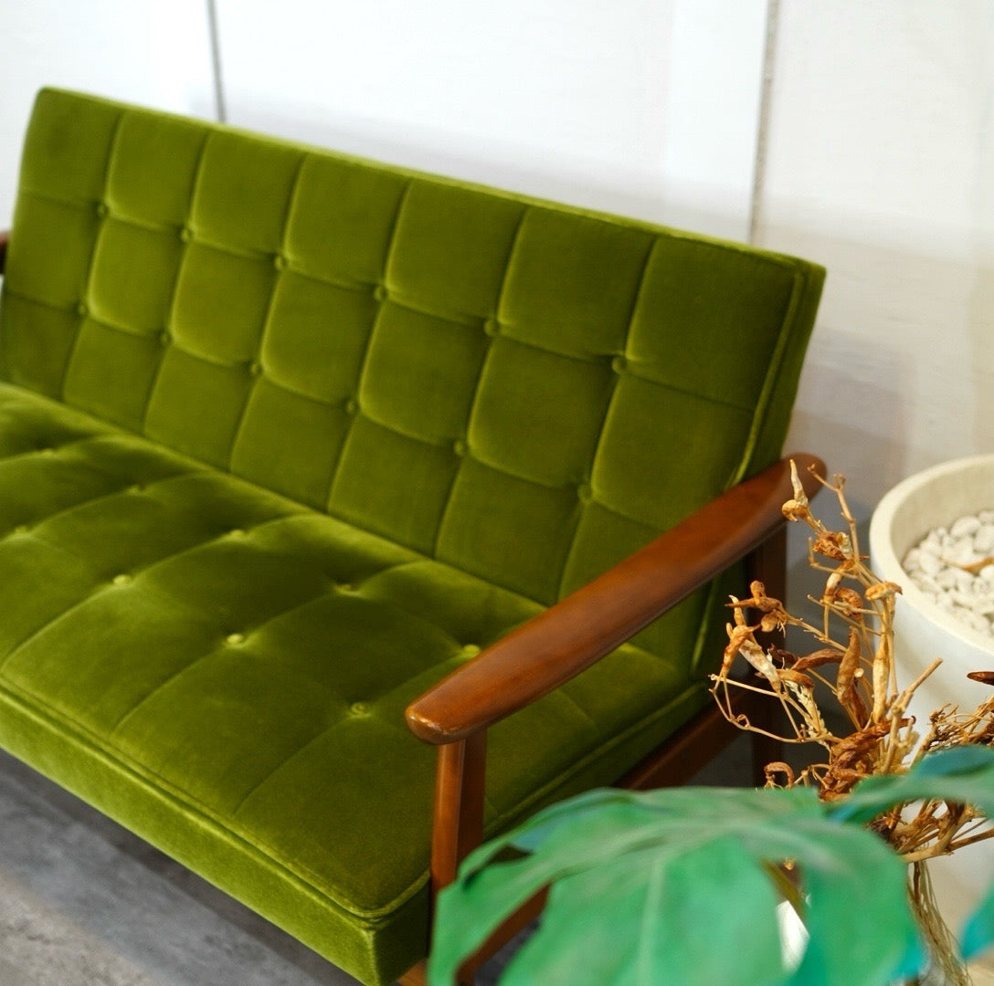 カリモク60 Kチェア 2シーターソファ モケットグリーン 中古 緑 レトロ