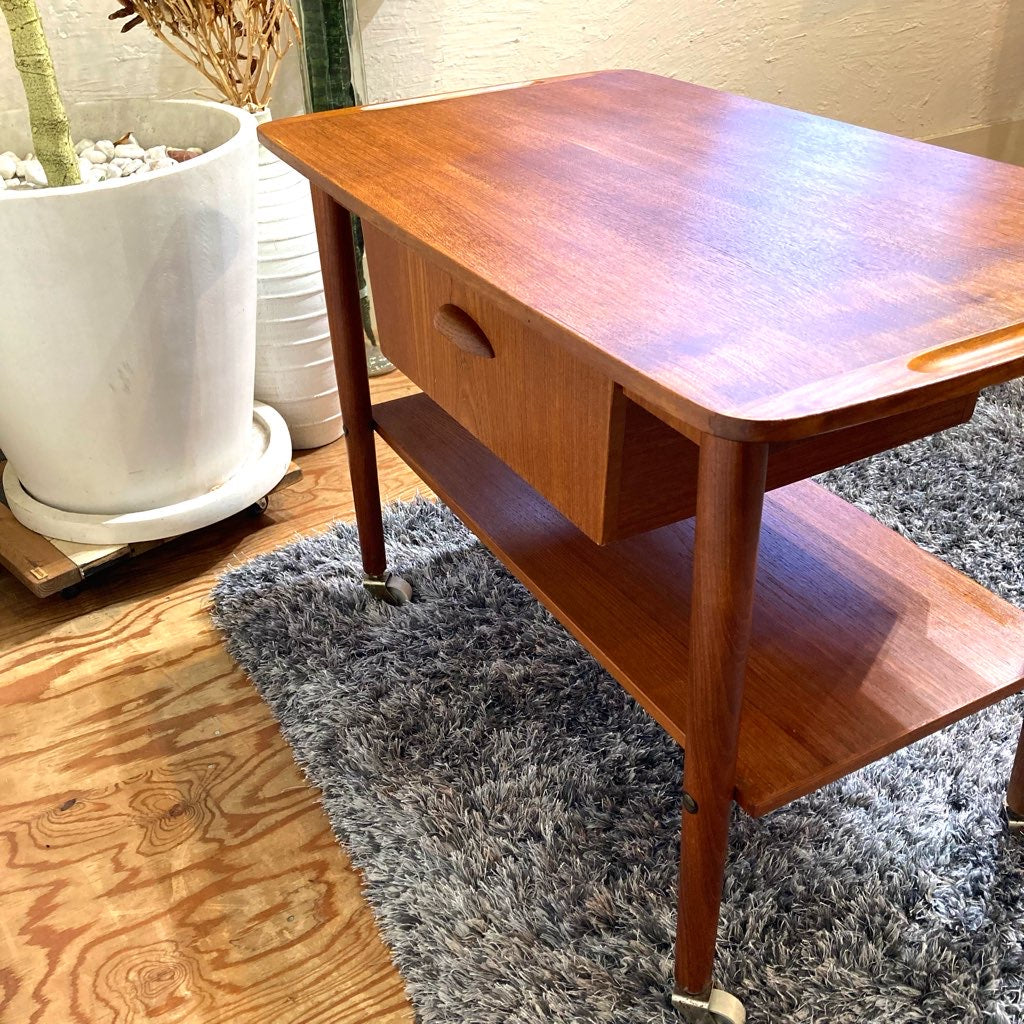 ソーイングテーブル サイドテーブル チーク材 北欧 収納 棚 キャスター