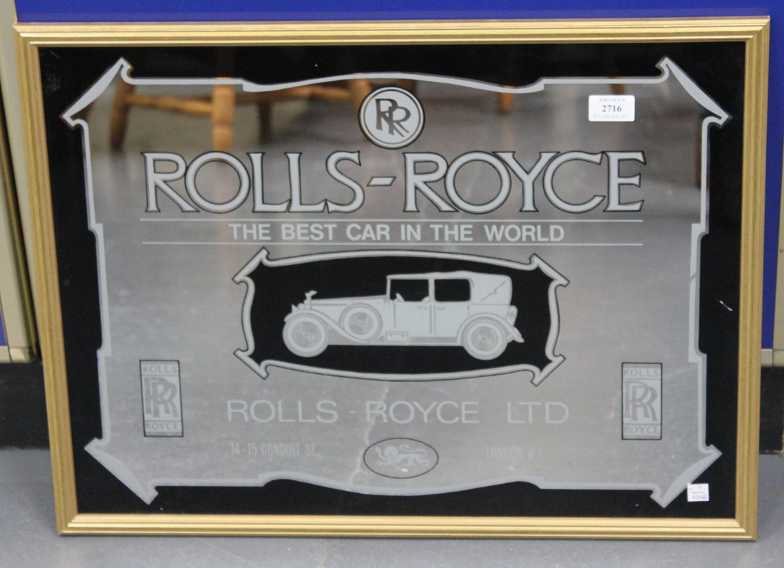 A Rolls-Royce advertising wall mirror, printed in black and grey