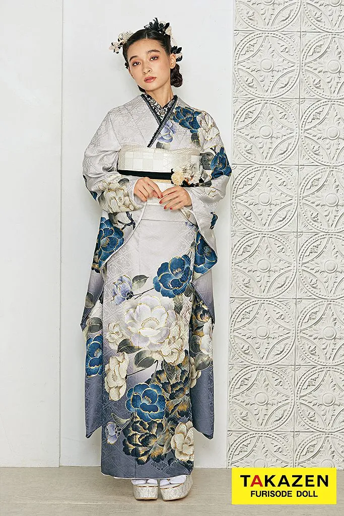 くすみカラーレトロ くすみブルー/淡色/青/グレー ツバキ柄 くすみ色